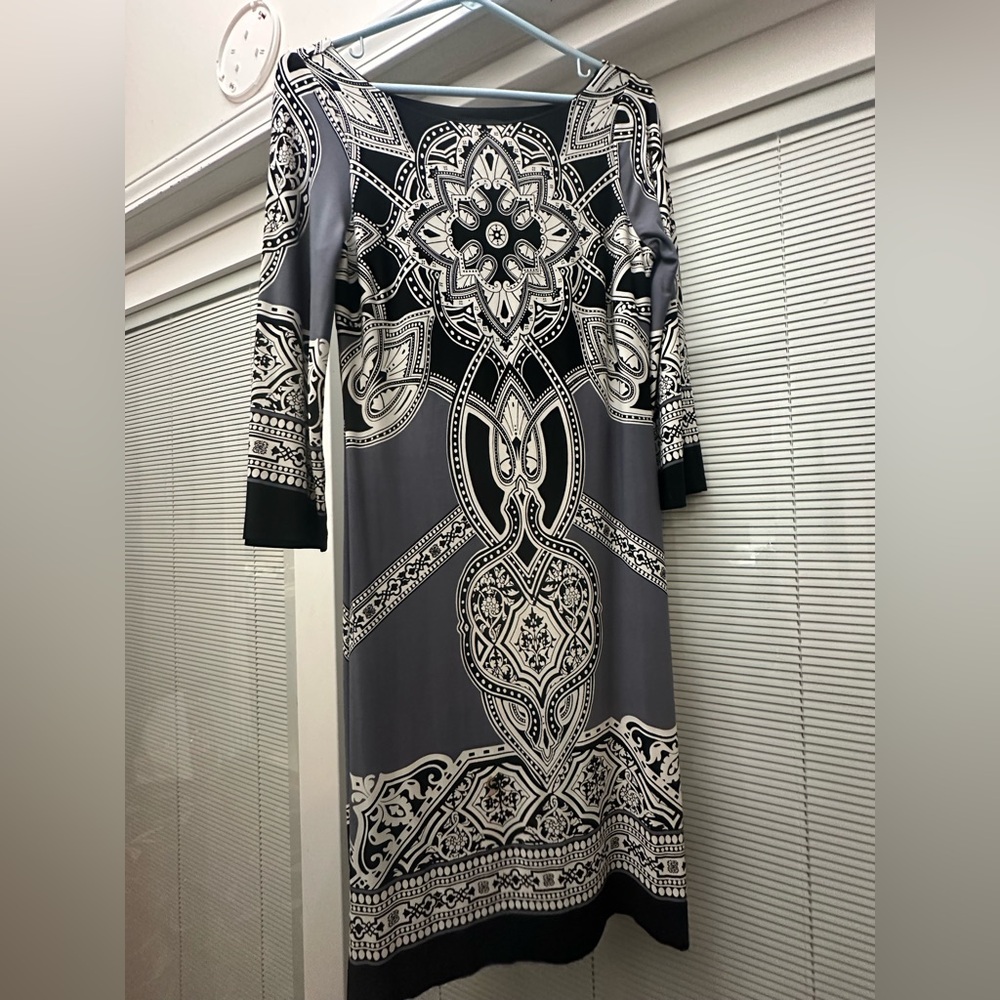 Enfocus Studio Black and White Ornate Long Sleeve Dress